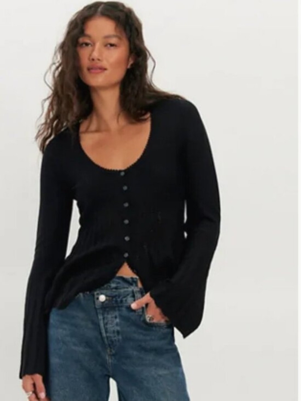 NWT Free People Black Scoop Neck Eyelet Knit Flared Bell Sleeve Cardigan XS